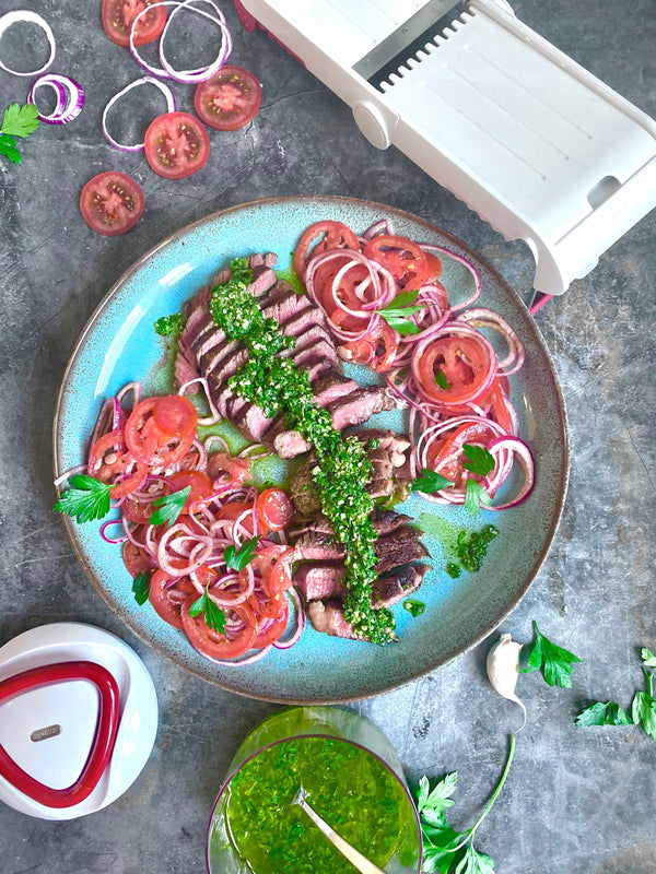 Argentinian Chimichurri Steak, Tomato and Onion salad